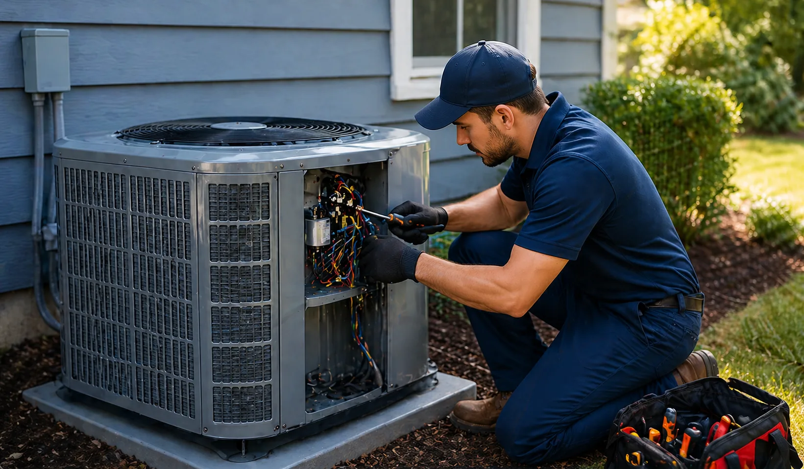 HVAC technician in Flower Mound running gauges on a residential AC condenser
